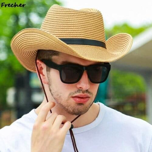 Western Cowboy Sun Hat Wind Lanyard For Men Women Wide Brim Straw Hat Beach Cap Panama Fishing Fisherman Cap Summer Hats