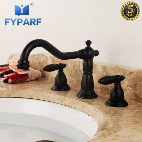 FYPARF Deck Mounted Bathroom Mixer Tap 3 Hole Double Handle Hot And Cold Water Taps Oil Rubbed Bronze Brass Faucet for Bathroom