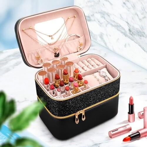 Large-capacity Dust-proof Cosmetic Storage Box Portable Jewelry and Cosmetics Mirror Suitcase Lipstick Makeup Tool Storage Box