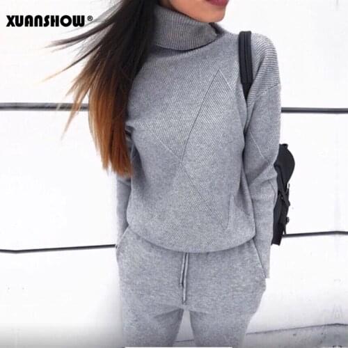 XUANSHOW 2019 Fashion Womens Sweater Set High Quality Knit Striped Casual Turtleneck Sweater Long Pants Keep Warm 2 Piece Set