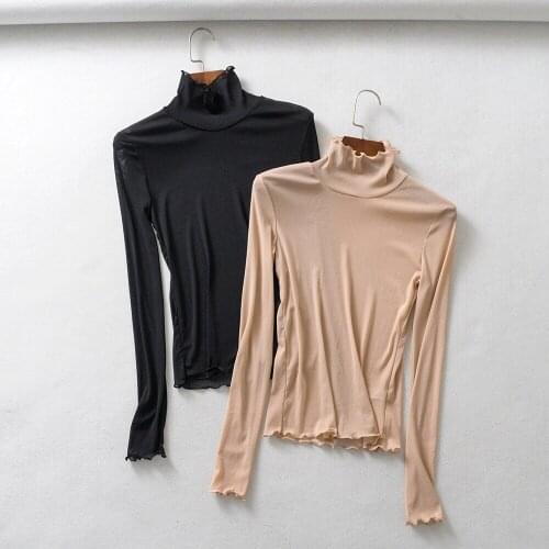 Women stretchy tshirt turtleneck mesh tops