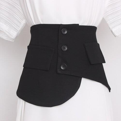Womens Runway Fashion Black Fabric Button Elastic Cummerbunds Female Dress Corsets Waistband Belts Decoration Wide Belt TB1631