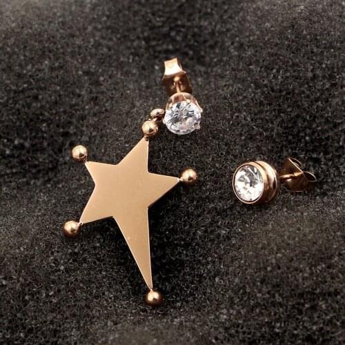 Fashion Stainless Steel Love Asymmetric Crystal Star Stud Earrings Rose Gold Color Women Lady Girl Party Gift