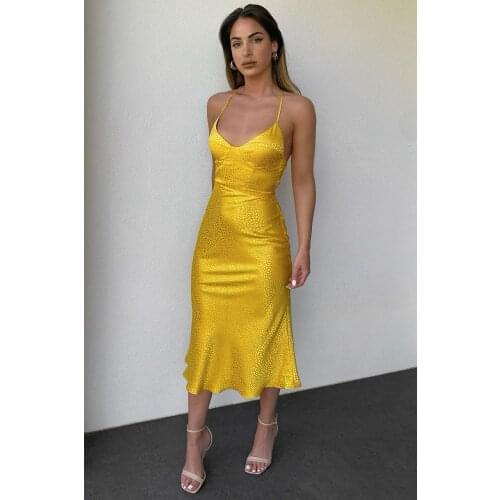 Yellow Satin Lace Up Summer Women Bodycon Long Midi Vintage Backless Elegant Party Outfits Sexy Club Clothes Vestido Dress Robe