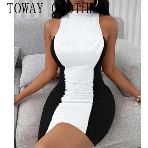 Summer Women Round Neck Colorblock Ribbed Sleeveless Patchwork Bodycon Dress