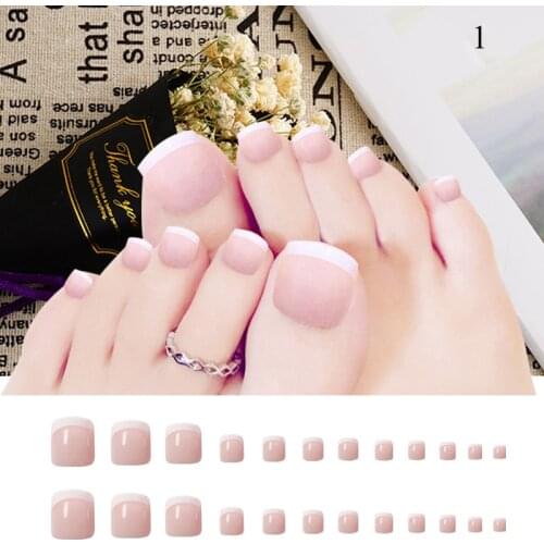 24Pcs French White Gradient Fake Toe Nail Short Square Foot False Toenail Tips Set DIY Nails Patches Manicure Decoration