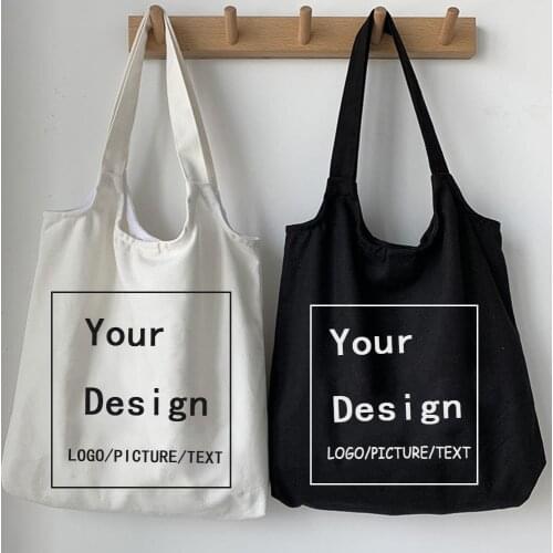 Add Your Text Print Original Design White and Black Unisex Custom Tote Bag Shopping Travel Canvas Bags Eco Foldable Shopper Bag