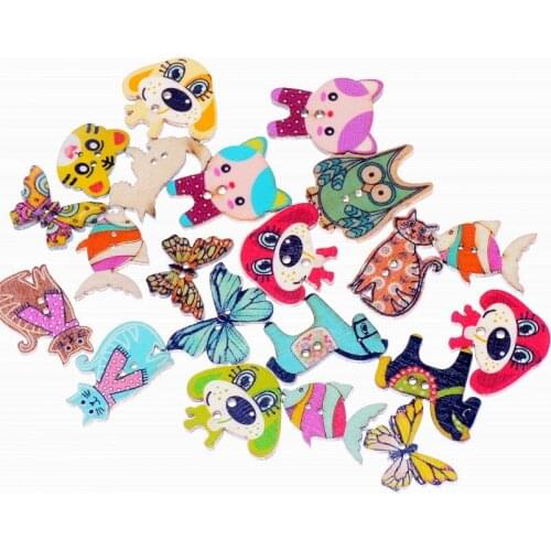Free shipping 100 Mixed Shape Lovely 2 Holes Wood Buttons Animal Style Painting Sewing Scrapbooking J3077