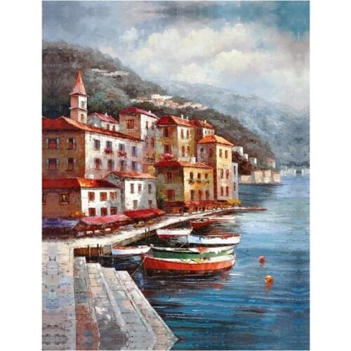 Free shipping Mediterranean coastal architecture house boat seascape oil painting canvas printings on canvas decoration picture