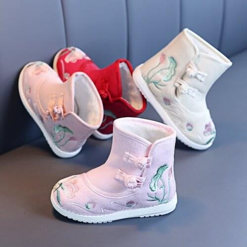 Children Boots Winter/Autumn Girls Embroidered Shoes Flowers Kids Cotton Shoes Plush Velvet Thickening Boots Chinese Style Hanfu