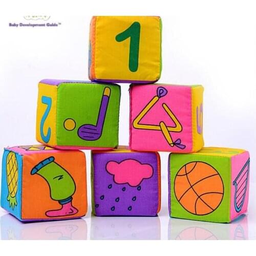 Baby Block Toy 6PCS Soft Cotton Rattle Handbell Itty-Bitty 7CM Colorful Cube Kids Toy Crib Bed Learning Baby Toys 0-12 Months