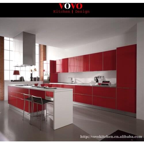 High gloss red integrated kitchen furniture with bar island for breakfast