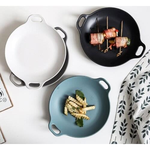 Ceramic Dinner Plates Beef Plate Tableware Round Glaze Down Coloured Dessert Plate Cake Creative Double Ear Plate Ceramic Plate