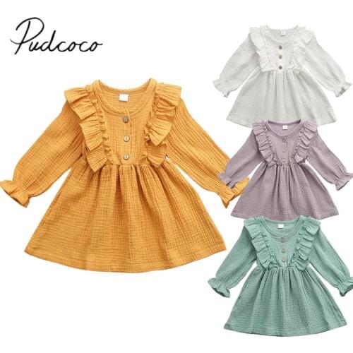 2019 Baby Spring Autumn Clothing Toddler Kids Baby Girl Cotton Linen Party Casual Dress Long Sleeve Clothes Solid Sundress 1-6T