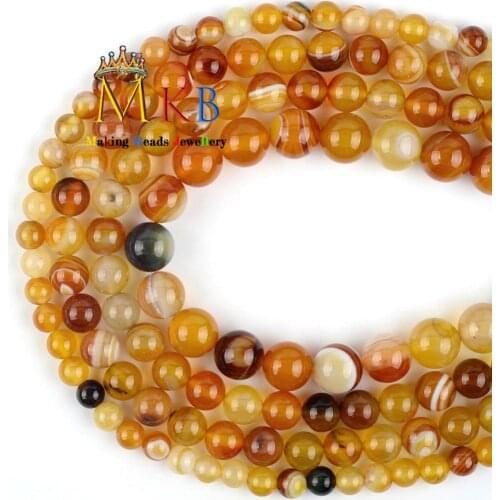 6 8 10mm Natural Stone Orange Stripe Agates Round Loose Beads For Jewelry Making Diy Bracelet Necklace Findings Accessories 15"