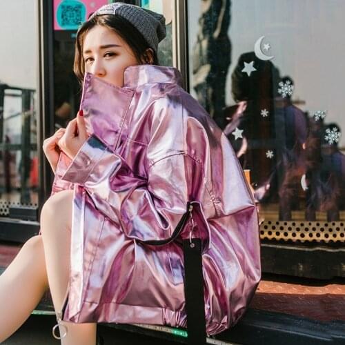 2020 Hip Hop Oversized Pink/Silver Jacket Women bright PU Loose Coat Streetwear Clothing Jackets Rock Punk Coat New outwear QT30