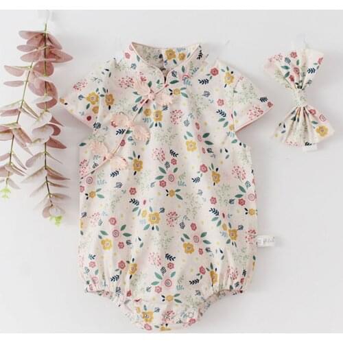 2020 Summer Baby Girls Rompers Baby Clothes Floral Cheongsam Rompers + Hair Band Infant Girls Clothing