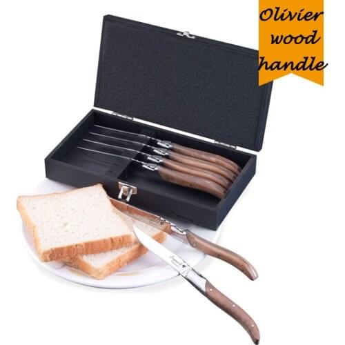 6 Piece 8.7'' Stainless Steel Steak Knife w/ Olivier Handle Laguiole style Flatware set in Wood Box Dinner Fork Steak Cultery