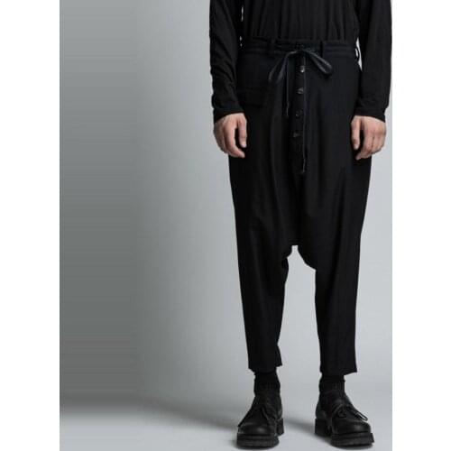 New 2020 Mens Clothing Hair Stylist Catwalk Low crotch cropped pants with drawstring Harem Pants Plus Size Singer Costumes