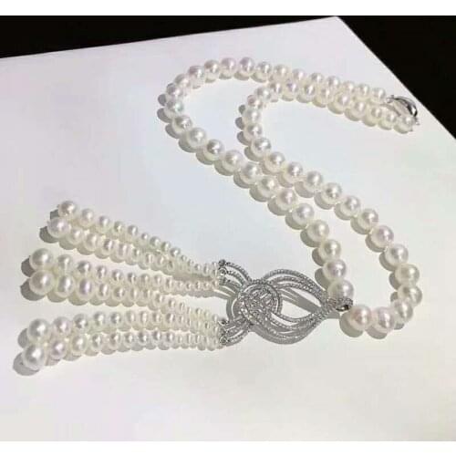 Charming 8-9mm white freshwater pearl micro inlay zircon accessories tassels necklace 45cm