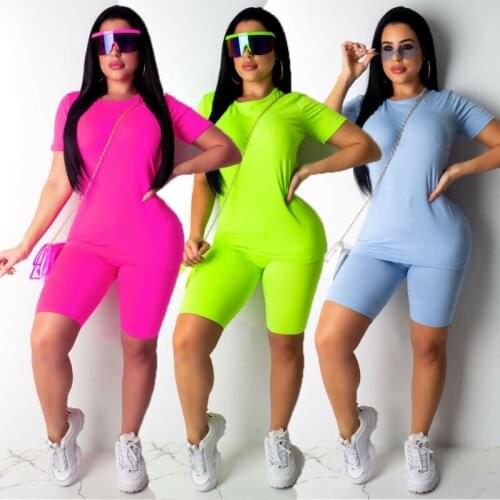 Two-piece Solid Womens Clothing Neon Yellow Short-sleeved Crew Neck T-shirt Tight-fitting Shorts Casual Style Tracksuit Outfit