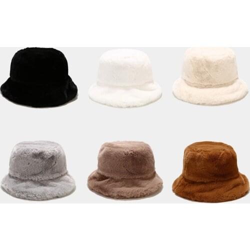 Winter Outdoor Vacation Lady Panama Black Solid Thickened Soft Warm Fishing Cap Faux Fur Rabbit Bucket Hat Women Hairy Girl Cap