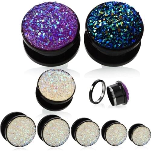 PAIR Steel Synthetic Druzy Crystal Flesh Tunnel Ear Plugs 6mm-16mm Flared Ear Gauges Stretcher Piercings Charming Body Jewelry