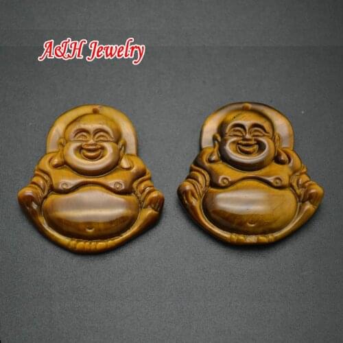 Natural Semi-precious Stone Golden Color Tiger Eyes Fine Carved Laughing Buddha Pendant Lucky Unisex Jewelry DIY Findings 5pcs