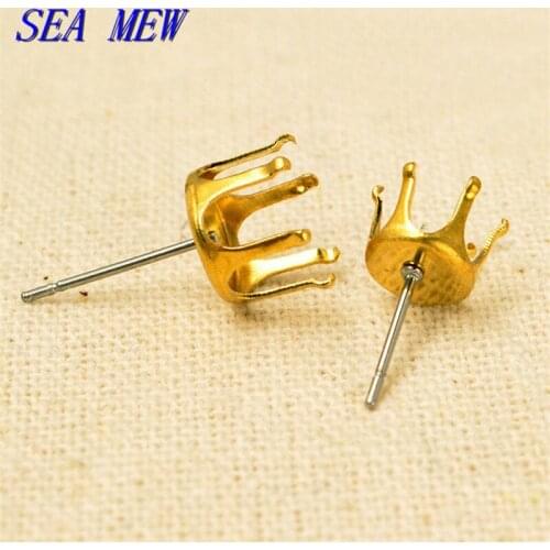 SEA MEW 4mm 5mm 6mm 7mm 8mm 10mm 12mm Brass Steel Needle Stud Earring Base Claw Tray Earring Settings For Jewelry Making 500PCS
