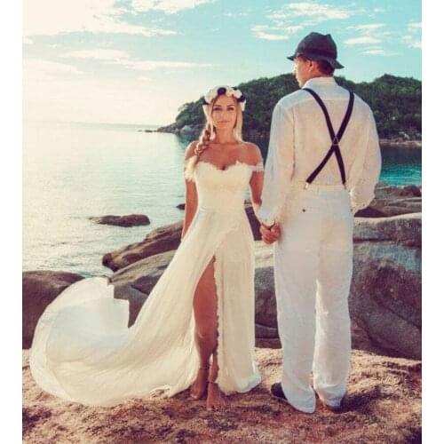 Sexy Beach Wedding Dresses Sweetheart Off Shoulde Lace Chiffon High Split Cheap Summer Boho Bridal Gowns robe de mairee