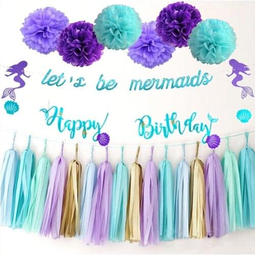 Mermaid Birthday Party Decoration Banner Balloons For Girl Happy Birthday Garland Mermaid Tail Shell Banner Baby Shower Decor