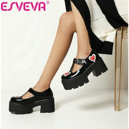 ESVEVA 2021 T Strap Buckle Platform Women Shoes Round Toe Elegant Female Pumps Spring Autumn Square High Heels Size 36-43