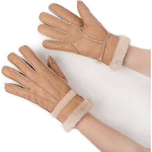 100% pure sheepskin winter gloves women real sheepskin cashmere warm fur gloves ladies full finger real leather mittens gloves