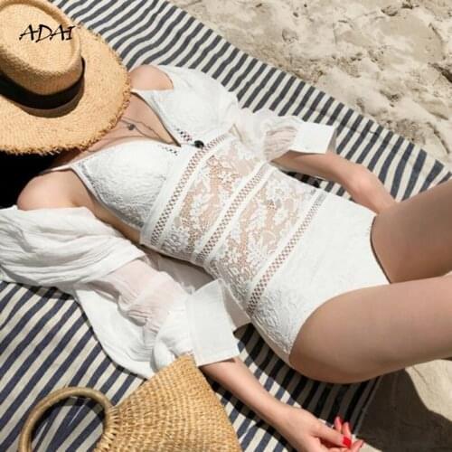 Women Swimsuit One Piece Swimwear Sexy Lace Waist Hollow Out Patchwork Monokini Bathing Suits Beach Wear Bodysuit Black White