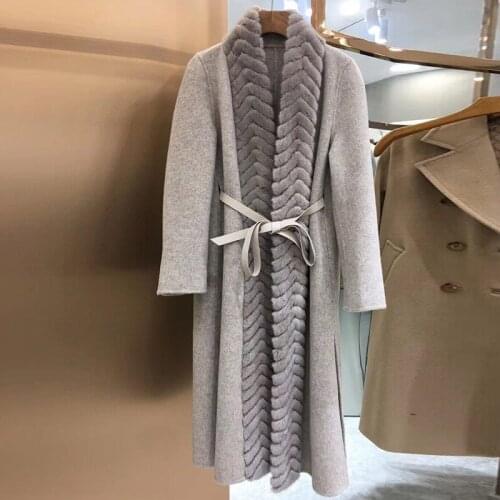 2020 Cashmere Coat With Fur Collar Natural Mink Fur Trim Wool Blends Real Fur Coat Winter Jacket Women Outerwear Belt Streetwear