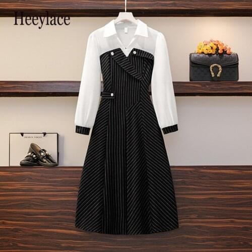 Plus Size Office Ladies Elegant Long Sleeve Striped Patchwork Dresses Women Turn Down Collar High Waist A-line Vestidos 5XL