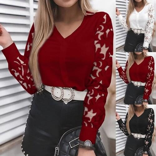 Women Sexy Lace Patchwork Hollow Out Blouses Long Sleeve V-neck Design Tops Summer Fashion Office Lady White Vintage Shirts