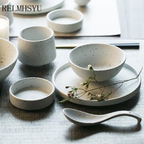 1PC RELMHSYU Japanese Style Ceramic Small Dish Household Round Flat Shallow Plate Rice Bowl Big Soup Dinner Bowl Tableware