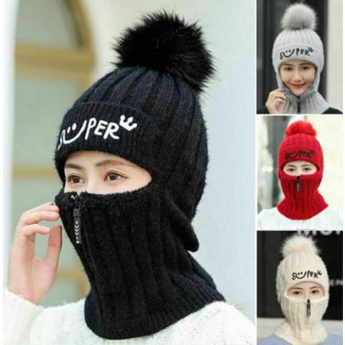 2020 Hat winter womens Zipper Hat for girls Neck Gaiter Thick Warm Faux Wool Inside Knitted Hat Winter Riding fashion Hats
