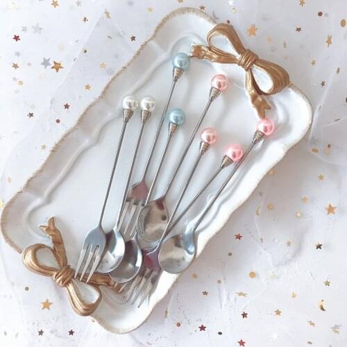 304 Stainless Steel Pearl Coffee Spoon Fruit Fork Stirring Scoop Teaspoon Dessert Tea Spoon Tableware Exquisite Small Woman Gift