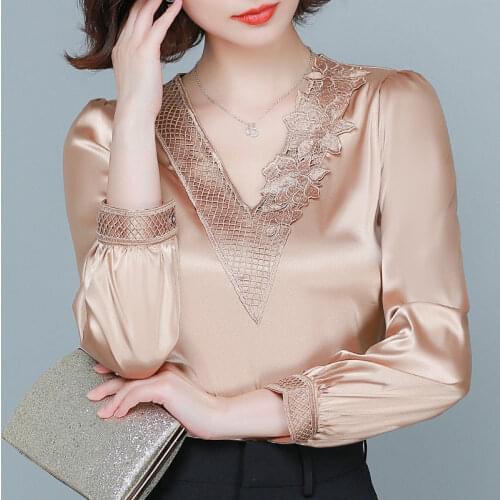 Blouse Women Fall Wear Long Sleeves Womens V-neck Top Stitching Lace Blusas Mujer De Moda
