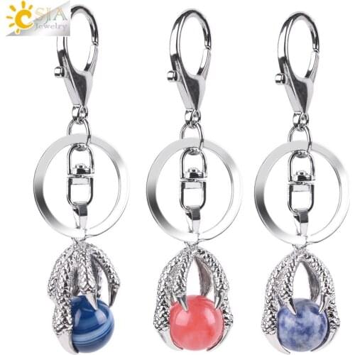 CSJA Dragon Claw Keychain Keyfob Natural Stone Blue Purple Veins Onyx Ball Men DIY Key Holder Chains Rings Hook for Car Bag E819