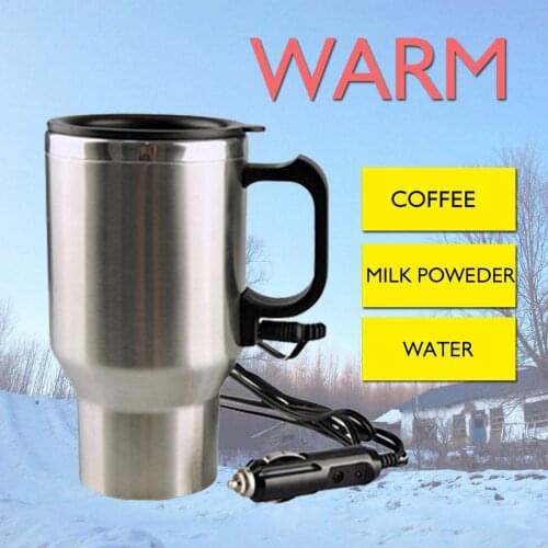 12V 450ML Stainless Steel Cup Kettle Travel Coffee Heated Mug Portable Electric Car Water Heater Kettle + Cigar Lighter Cable