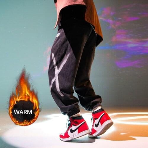 Denim Casual Pants Mens Buckle Feet All-match Loose Harem Trousers Hiphop Street Printed Pattern Plush/thin Jeans Male