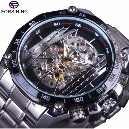 Forsining Military Sport Design Automatic Transparent Silver Stainless Steel Skeleton Mens Mechanical Watches Top Brand Luxury