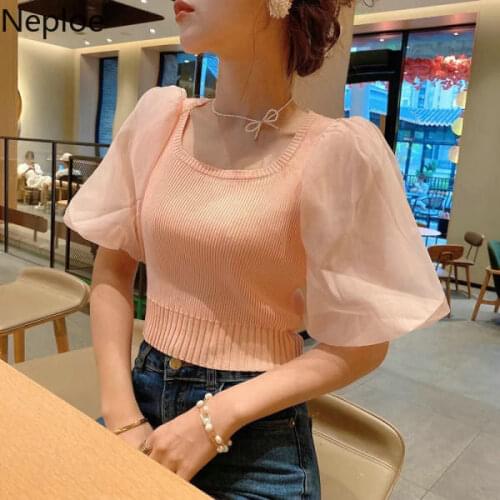 Neploe Summer Thin Crop Tops Women Knitted Square Collar Slim Basic Pullover T Shirts Korean Chiffon Patchwork Puff Sleeve Tees
