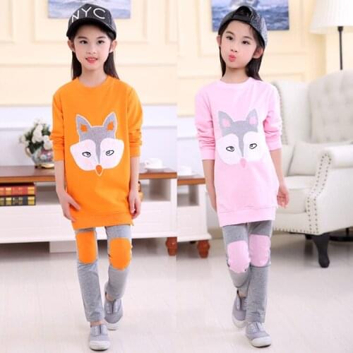 Spring and Autumn Clothing Suit Girls Childrens Cartoon Pattern Long Sleeve Shirt + Fox Stretch Pants Two Piece Sets 3-9 Ages