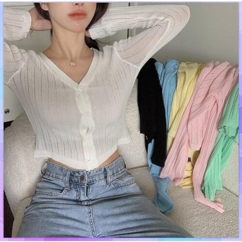 Summer Crop Top Cardigan Solid Womens Thin Shirt Jacket Knit Tops Hollow V-neck Loose Long Sleeved Sunscreen Tee Shirt Blusas