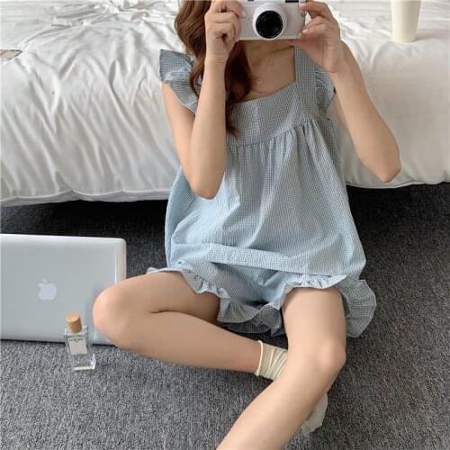 Summer sweet plaid homewear 2 piece set spaghetti strap tops ruffles shorts girls pajamas set korean chic home suit cotton Y905