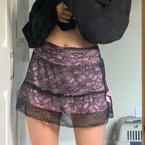 IAMSURE Lace Floral Patched Skirt Side Split Mini Short Skirts Bow Cute Bottom 2020 Korean Streetwear Clubwear Women Fashion